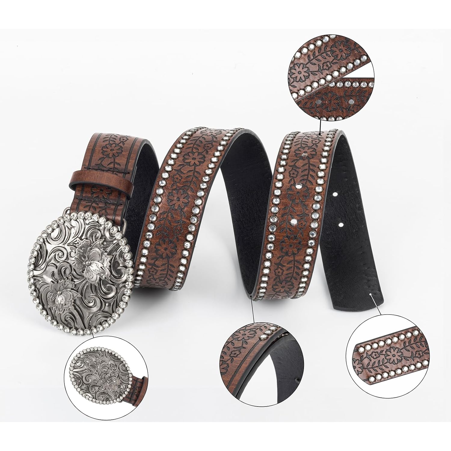 Womens-Western-Belt Rhinestone-Cowboy-Cowgirl Belt - Embossed PU-Leather Belt with Diamond Flower-Buckle(for 28-38'')