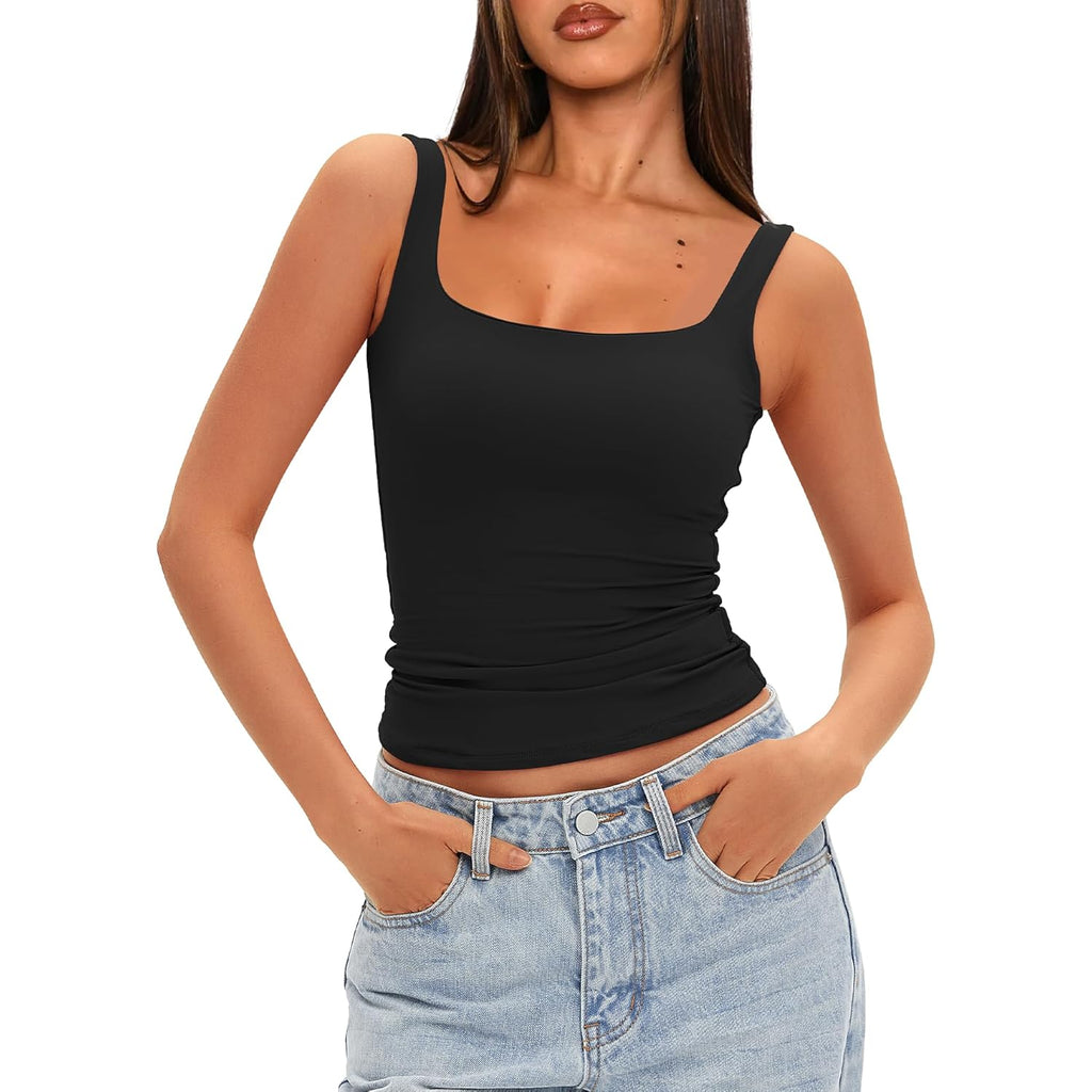 Darong Women's Padded Square Neck Tank Tops Summer Double Layer Basic Sleeveless Tank Shirts Built in Bra