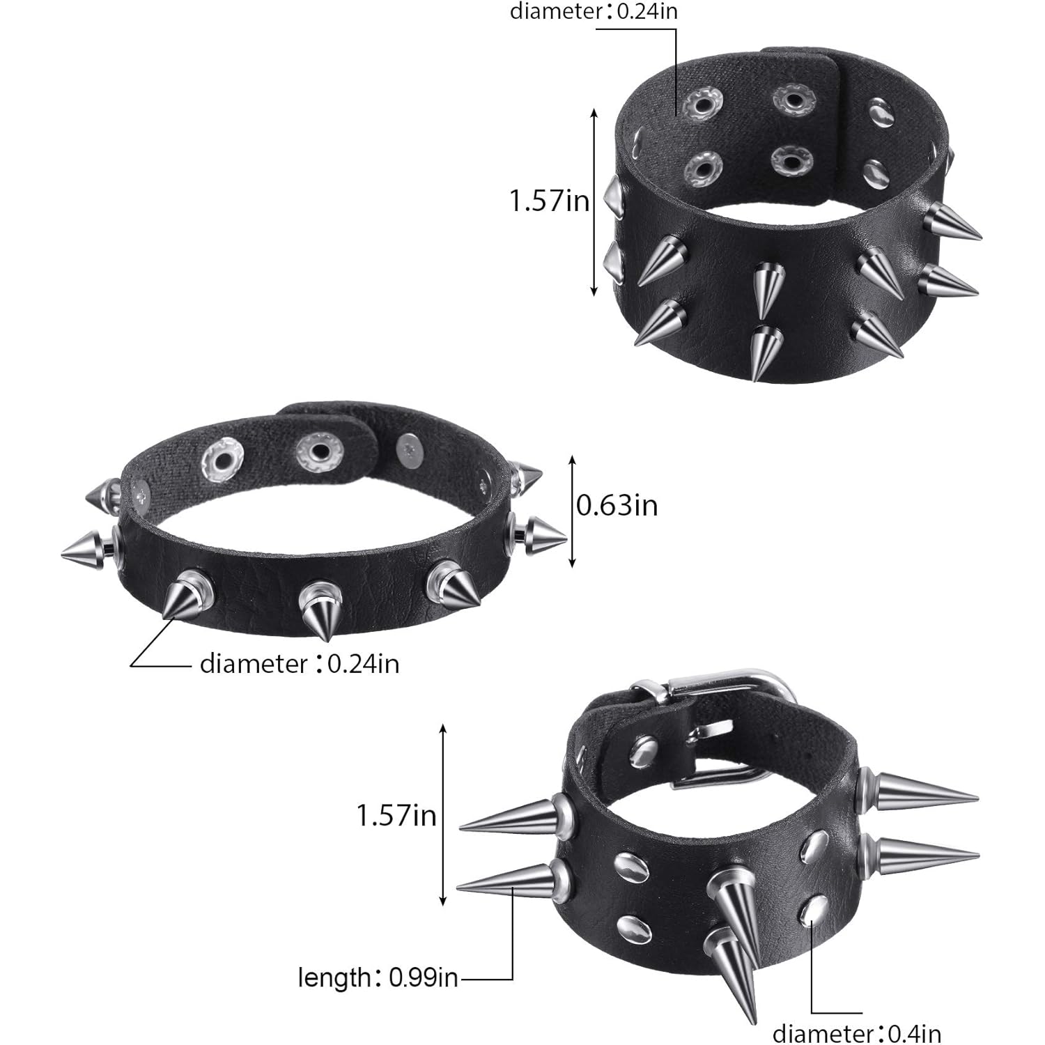 Hicarer 9 Pieces Spiked Studded Bracelet Black Leather Rivet Punk Bracelet Cuff Wrap Bangle Snap Button Metal Wristband for Men Women