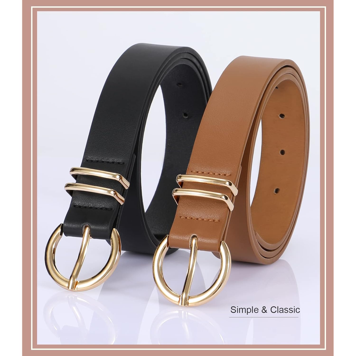 VONMELLI 2 Pack Women's Leather Belts for Jeans Dresses Fashion Gold Buckle Ladies Belt