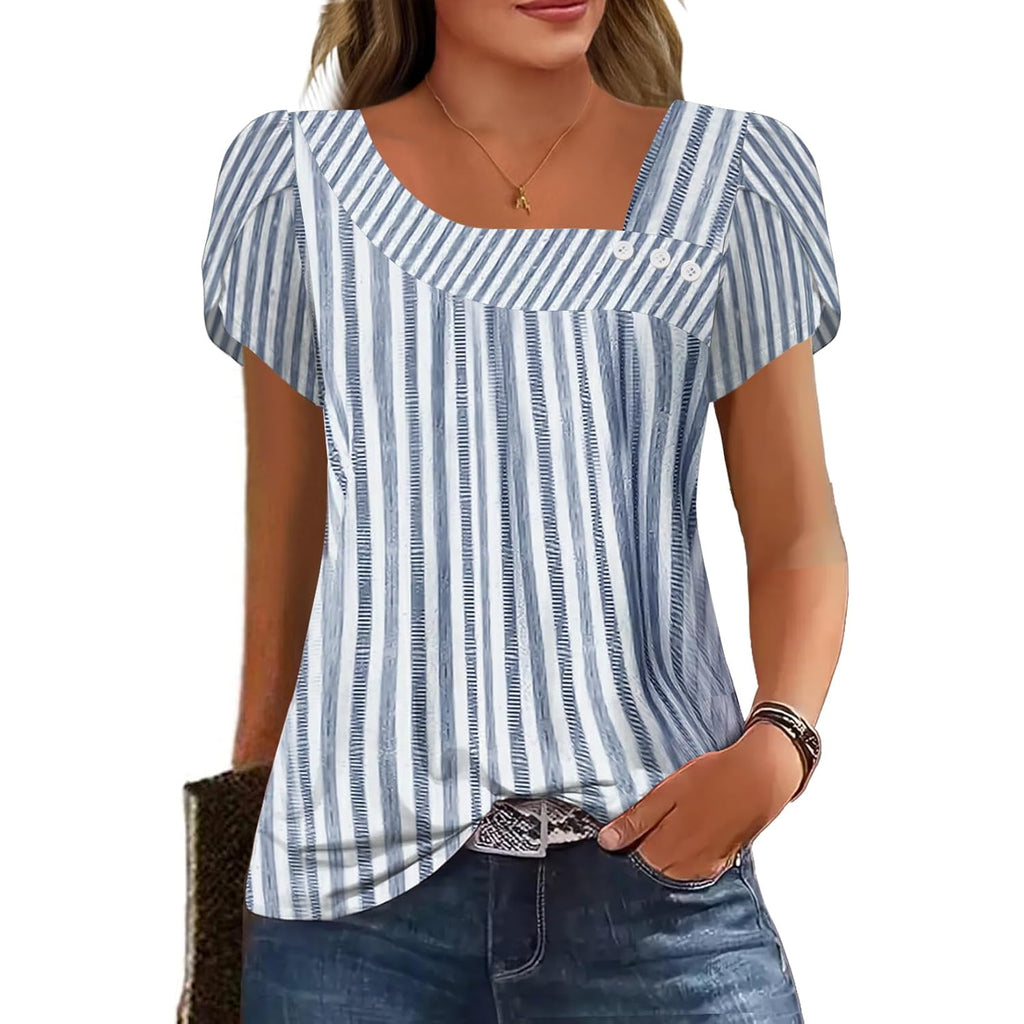 Womens Petal Sleeve Tops Summer Trendy T Shirt Casual Loose Square Neck Button Blouse Tees