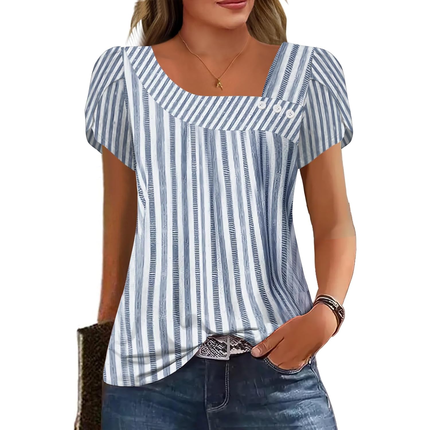 Womens Petal Sleeve Tops Summer Trendy T Shirt Casual Loose Square Neck Button Blouse Tees