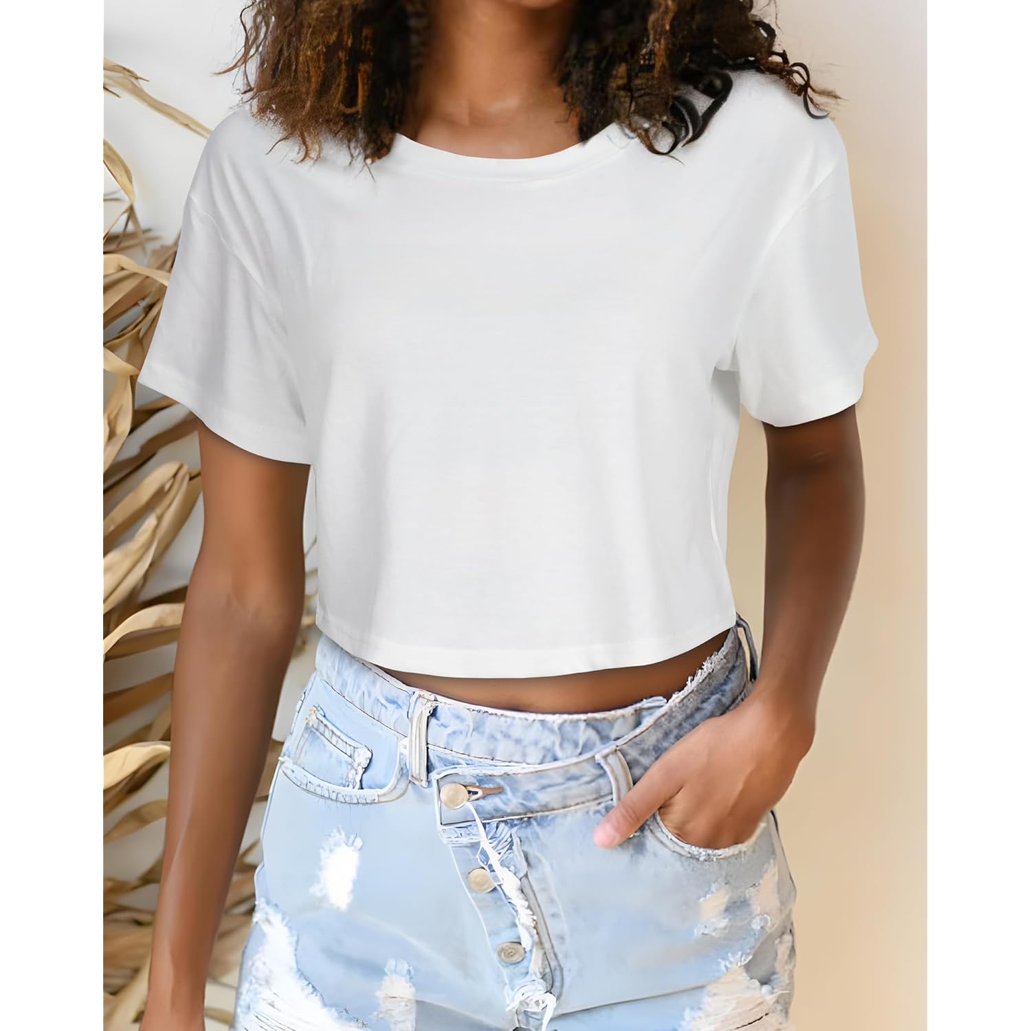 Womens Summer Crop Tops Short Sleeve Round Neck T-Shirts Loose Fit Casual Blouse