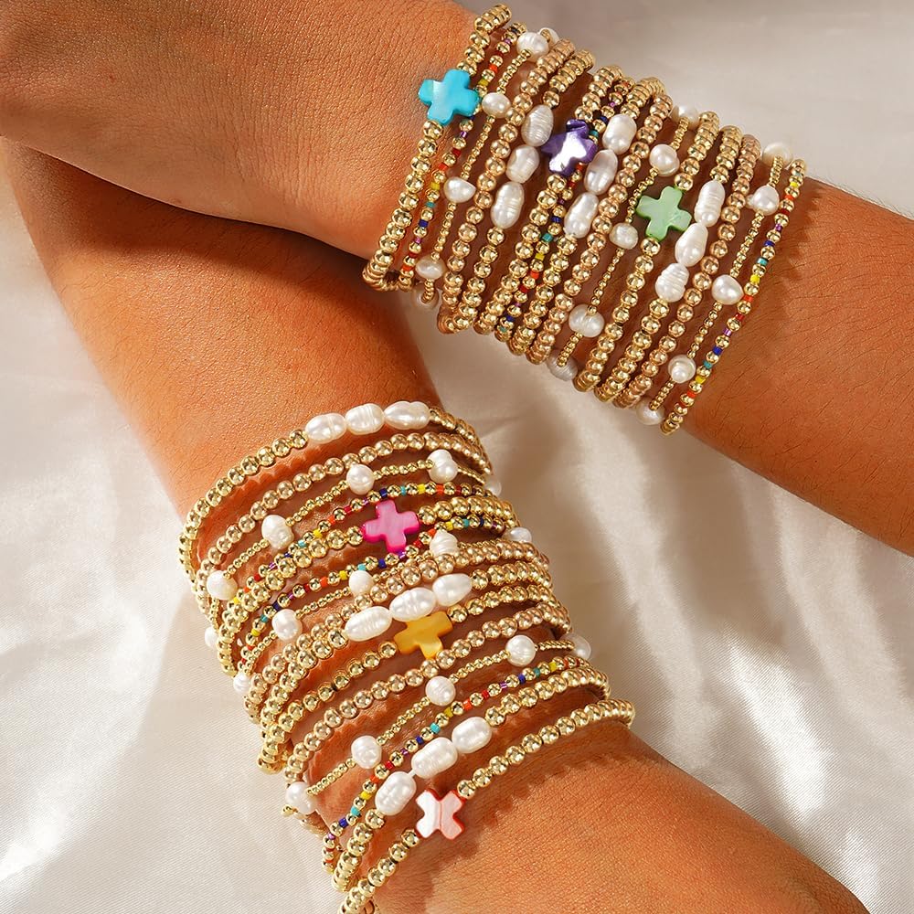 14K Gold Pearl Beaded Cross Bracelets Stack Set for Women,Stretch Boho Colorful Christian Beads Ball Jewelry Friendship Summer Trendy Gift