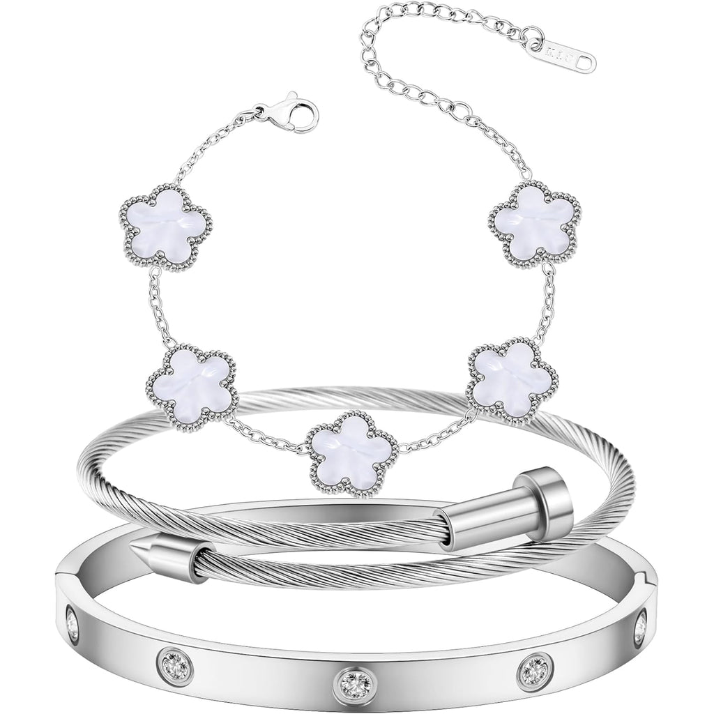 Womens Stackable Floral Silver Bracelets - 3Pcs Stainless Steel Bangle Bracelets Non Tarnish, Silver Bracelet Set Trendy Jewelry, Gifts for Girlfriend