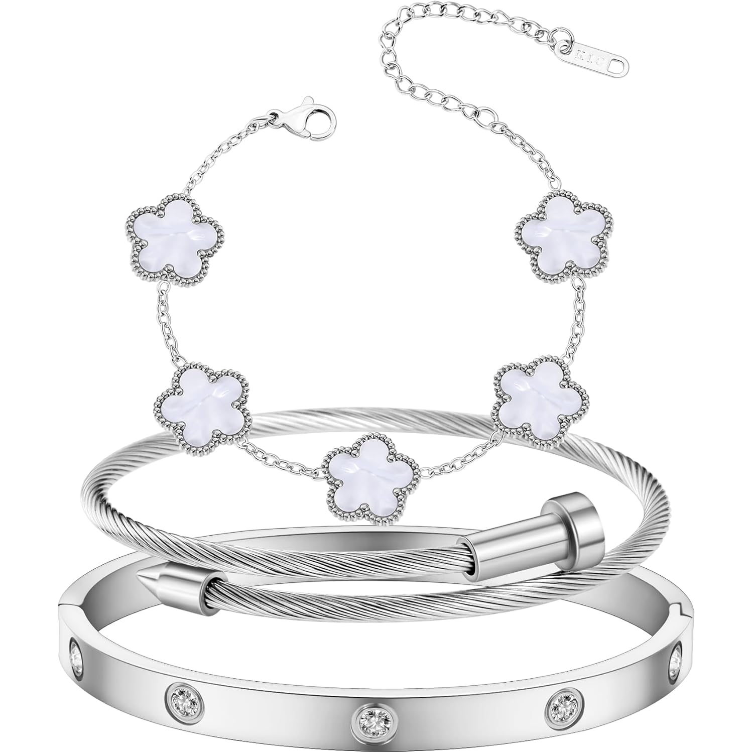 Womens Stackable Floral Silver Bracelets - 3Pcs Stainless Steel Bangle Bracelets Non Tarnish, Silver Bracelet Set Trendy Jewelry, Gifts for Girlfriend