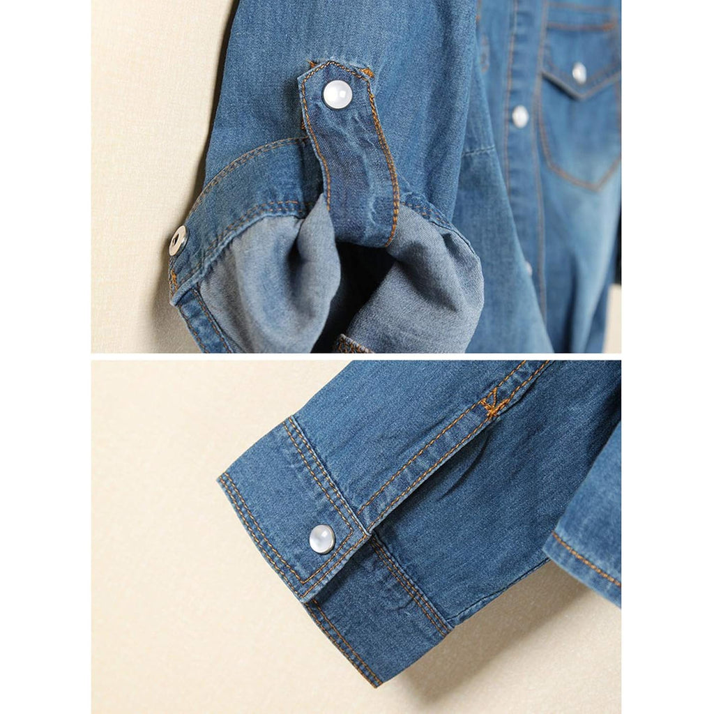 AMEBELLE Women's Roll Up 3/4 Sleeve Tie Front Knot Shirt Chambray Denim Crop Top