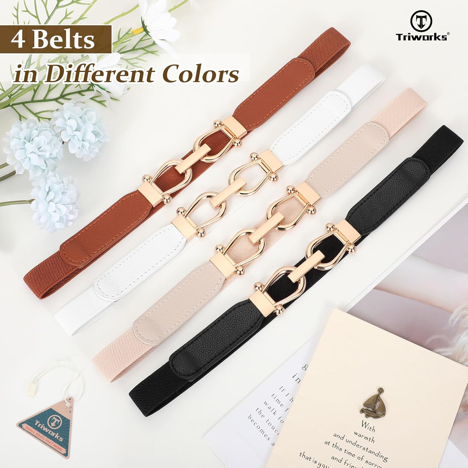 4 Pack Skinny Elastic Belts for Women Gold Buckle Thin Stretchy Waist Belts for Dresses