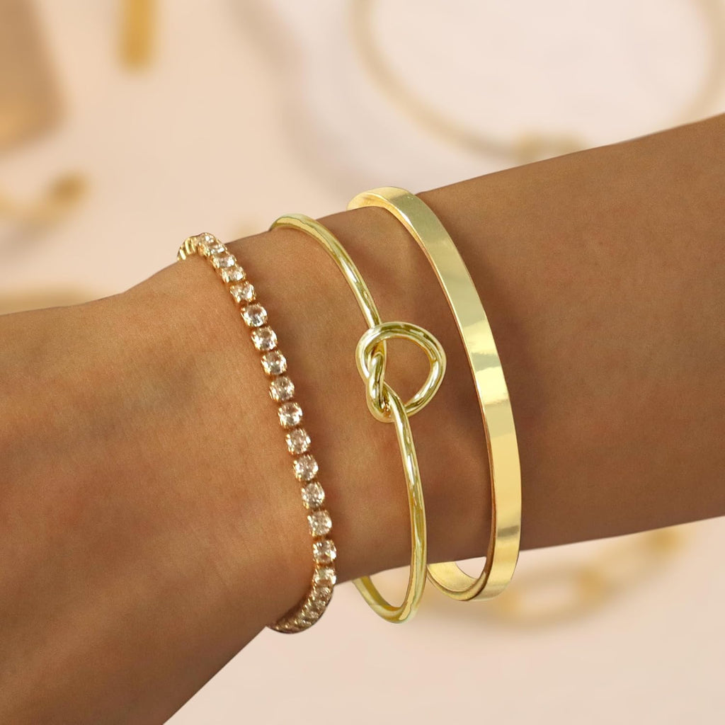Gold Bangle Cuff Knot Bracelet for Women Stack Non Tarnish 14k Gold Plated Dainty Cubic Zirconia Tennis Bracelets Jewelry Set for Women Trendy