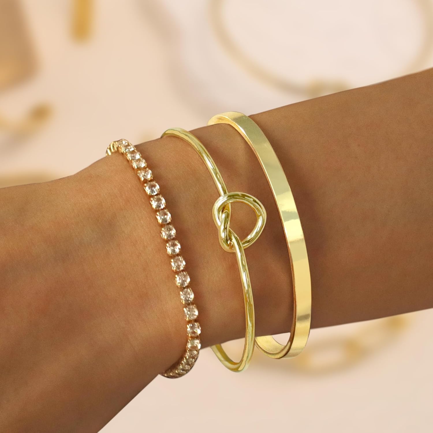 Gold Bangle Cuff Knot Bracelet for Women Stack Non Tarnish 14k Gold Plated Dainty Cubic Zirconia Tennis Bracelets Jewelry Set for Women Trendy