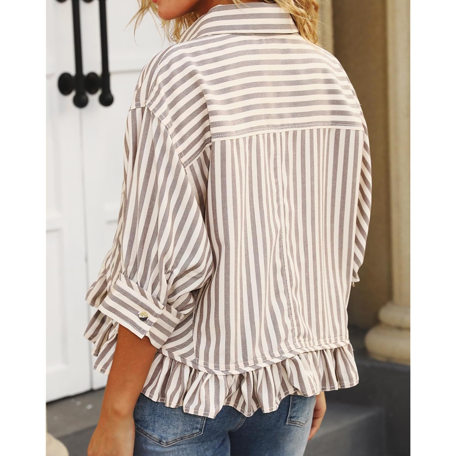 CHYRII Womens Summer Tops Dressy Casual Blouse Top Ruffled Short Sleeve Button Down Striped Shirt