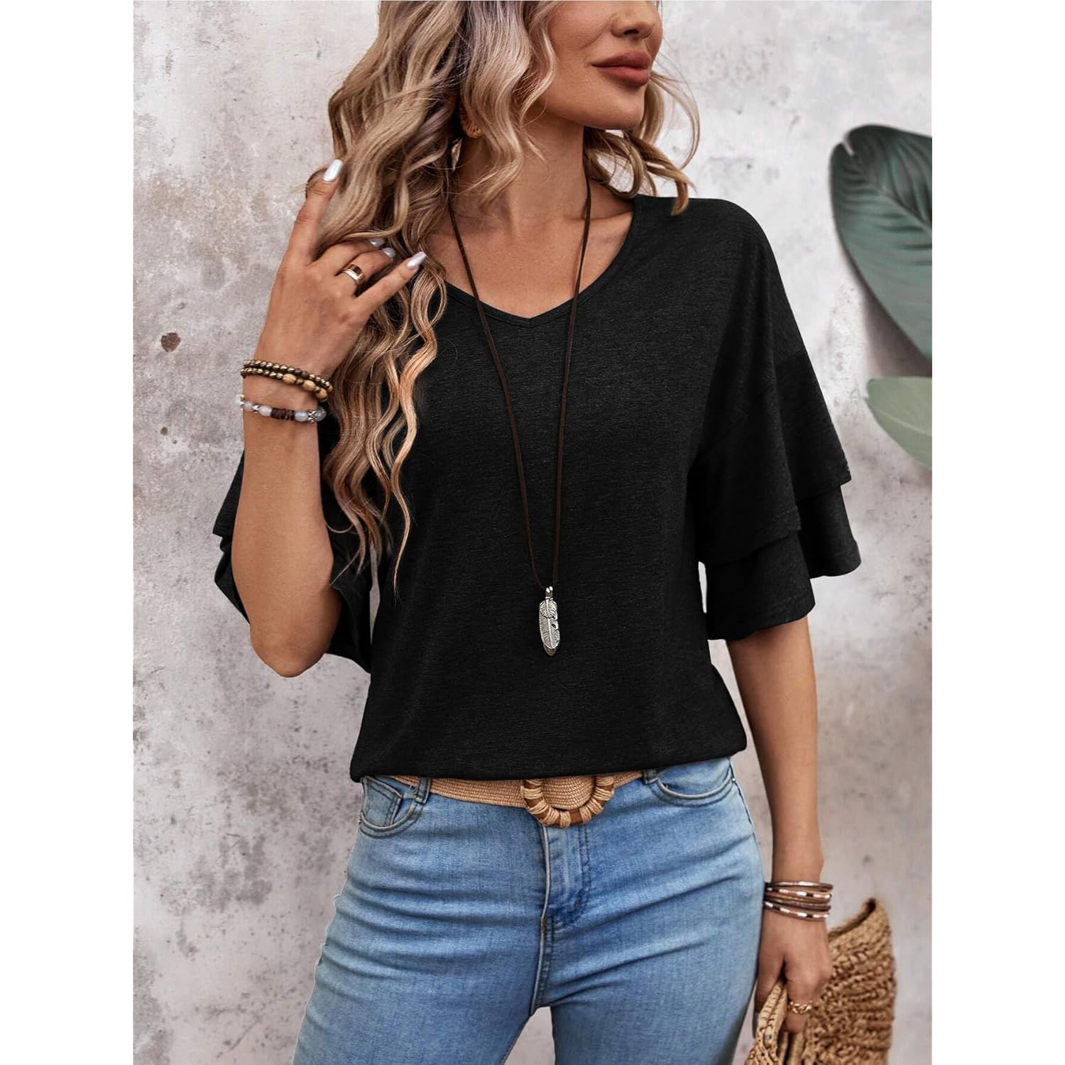 Womens Blouses Ruffle Sleeve T Shirts V Neck Double Tiered Bell Sleeve Top Spring Fall Summer Fashion Clothes Cute Tunic