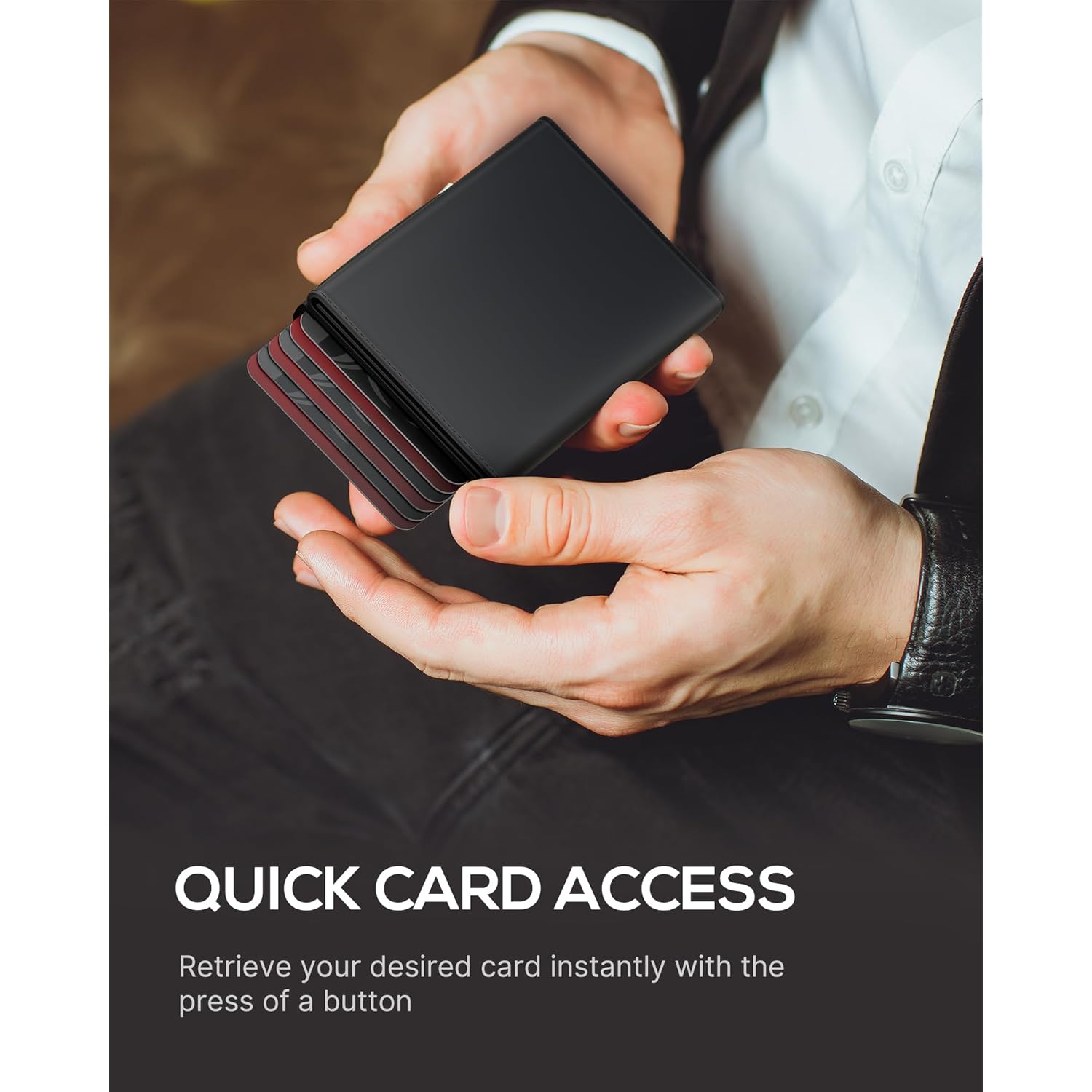 Mens Wallet Card Holder - Smart Wallet for Men, Pop Up Card Case, Top Grain Leather, RFID Blocking, Slim, Minimalist, Ultra Thin, Front Pocket, 9-14 Card Capacity | ID Window | Cash Slot (Black)