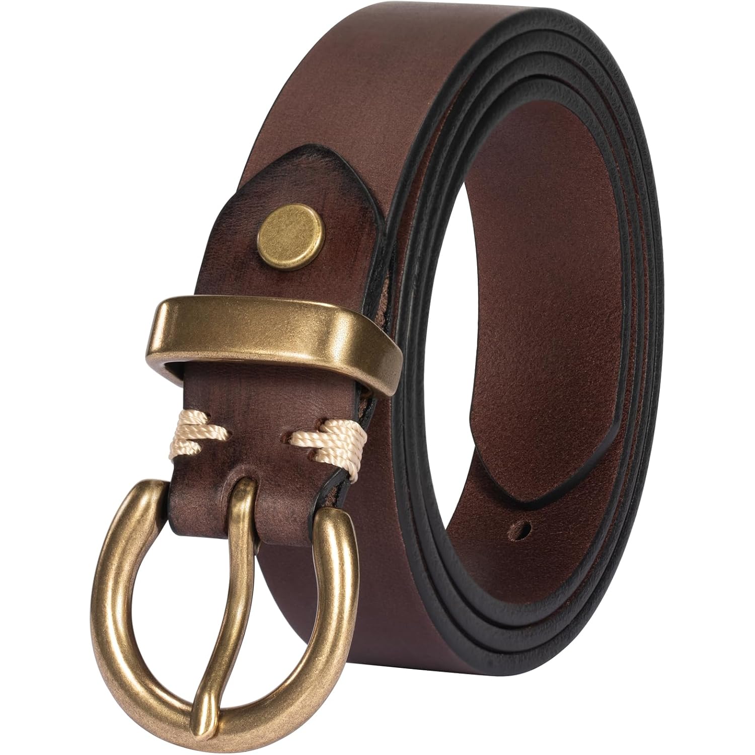 Womens Belt for Jeans Genuine Leather Belt Vintage Solid Brass Circle buckle Gift Box Packaging