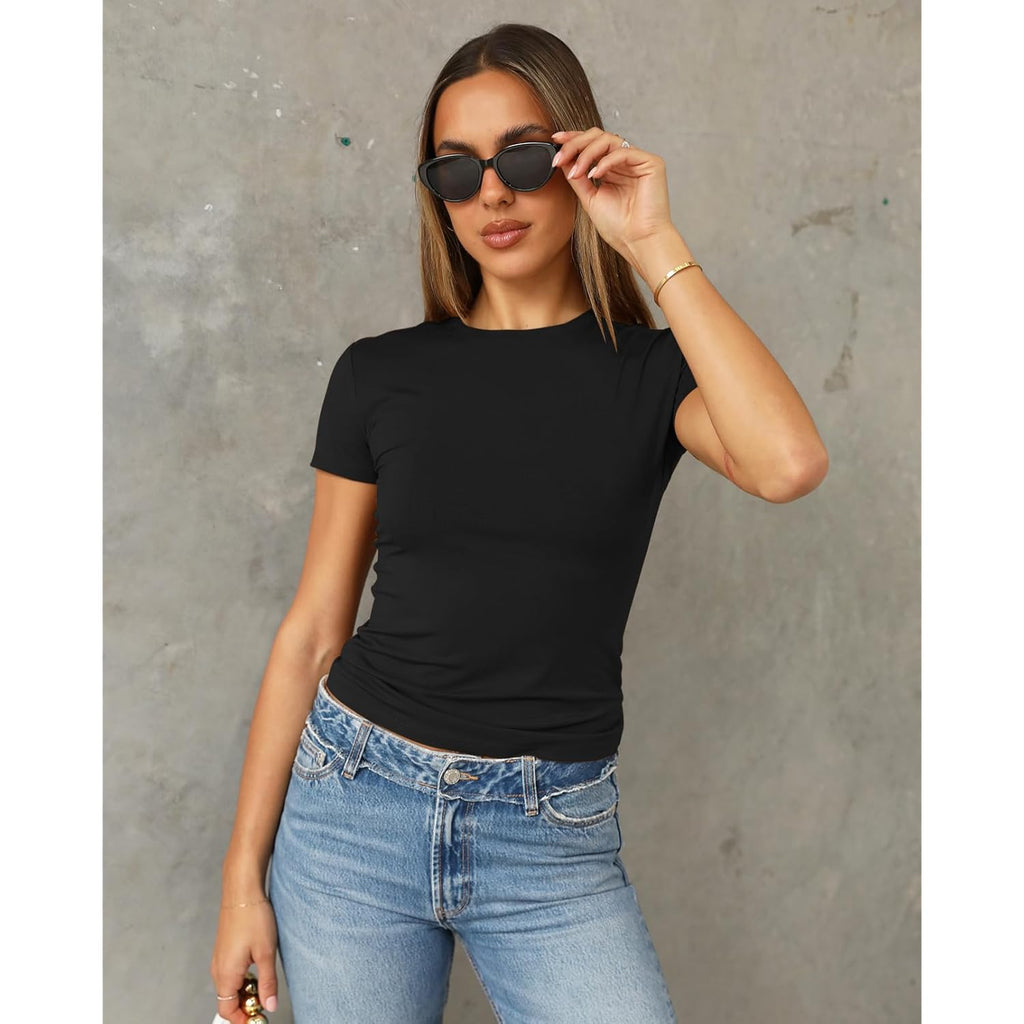 Abardsion Women's Casual Basic Going Out Crop Tops Slim Fit Short Sleeve Crew Neck Tight T Shirts 2025