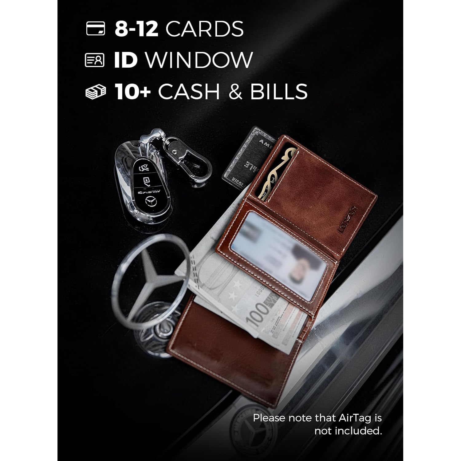LORZOR AirTag Wallet - Full Grain Leather, Mens Minimalist Wallet with Apple Air Tag Holder, Slim Smart Pop up Card Case, ID Window, RFID Blocking, Front Pocket (AirTag Not Included)