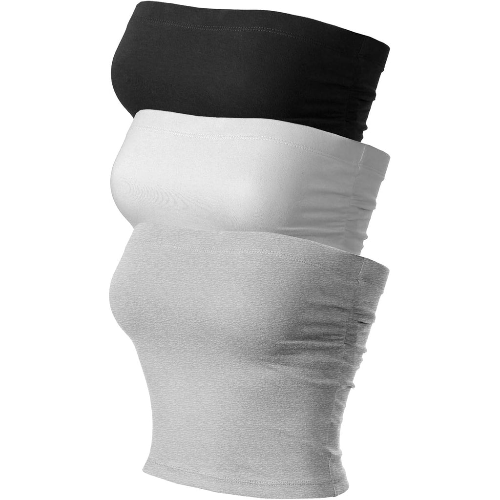 MixMatchy Women's 3 Pack Casual Summer Ruched Side Backless Double Layered Tube Top with Built in Shelf Bra