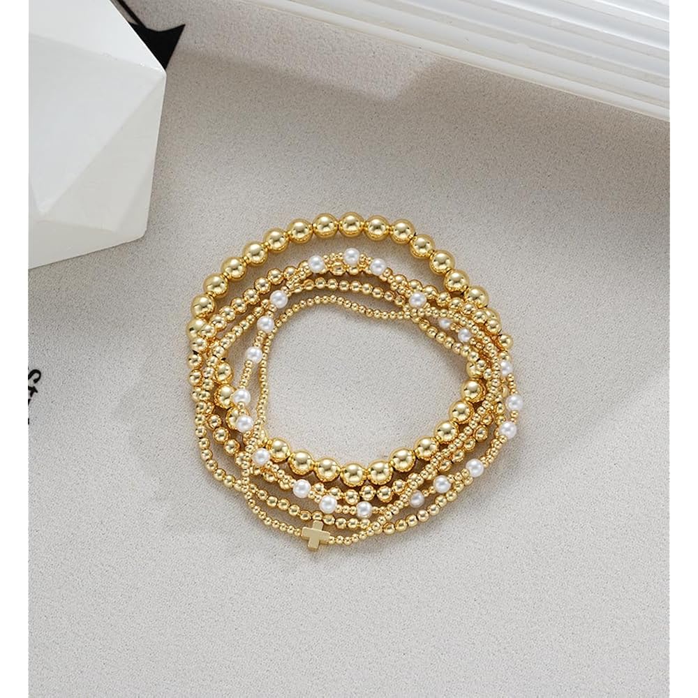 Gold Beaded Bracelets for Women, 14K Real Gold Plated Jewelry for Women Dainty Pearl Bead Bracelets Stack, Non Tarnish Trendy Stackable Ball Cross Stretch Bracelet Set Fashion Accessories Gifts for Women