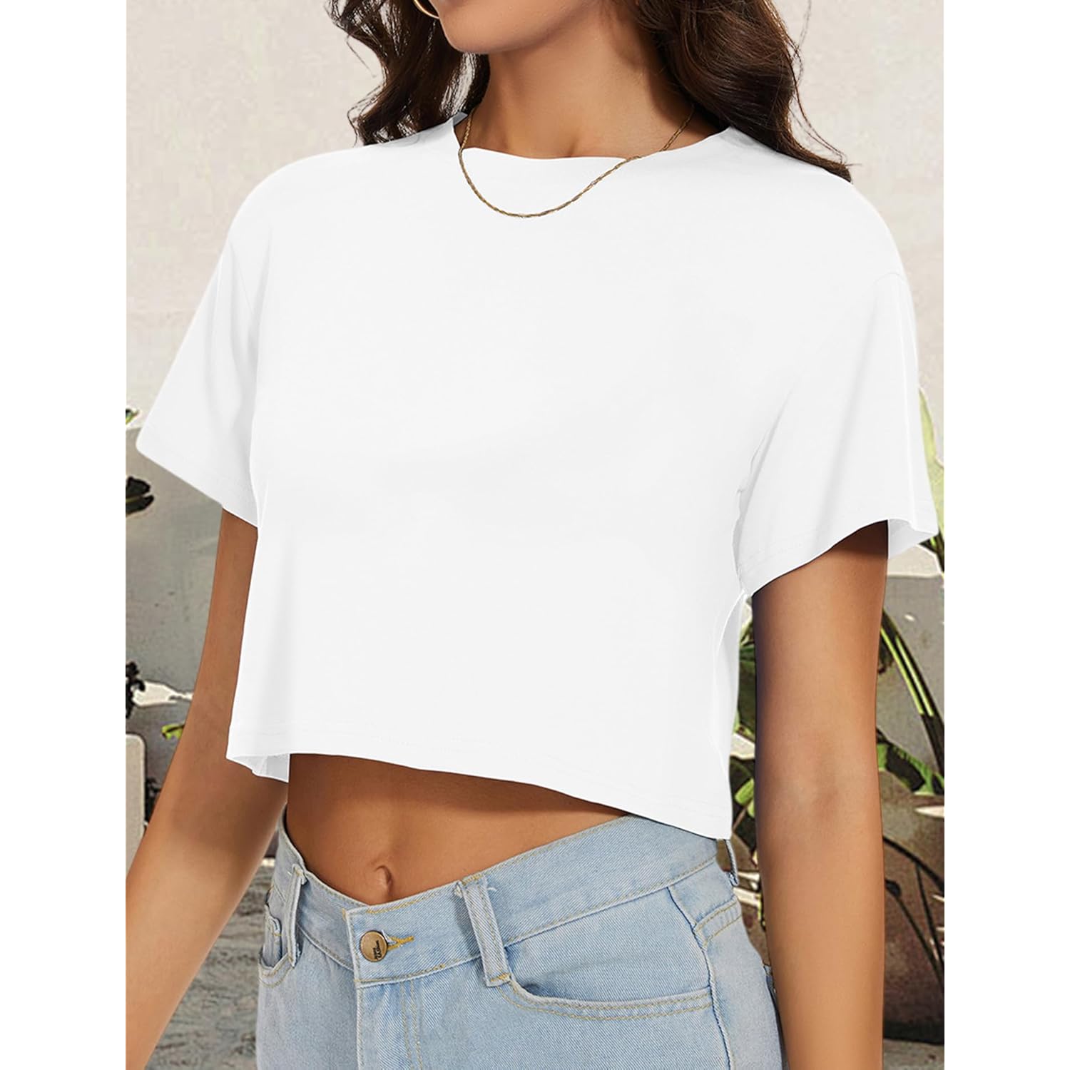Womens Summer Crop Tops Short Sleeve Round Neck T-Shirts Loose Fit Casual Blouse