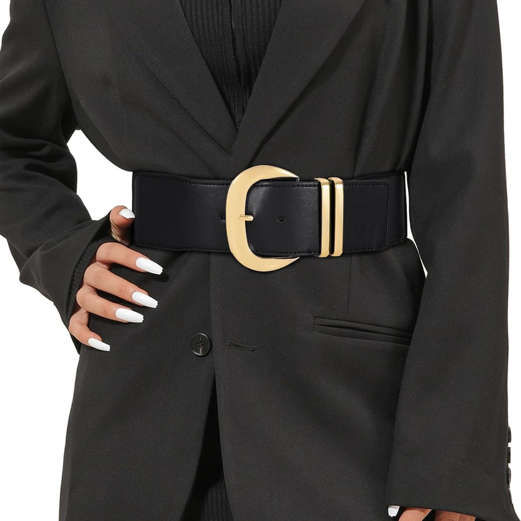 WHIPPY Women Wide Elastic Waist Belt for Dresses Fashion Gold Buckle Stretchy Leather Waistband for Ladies