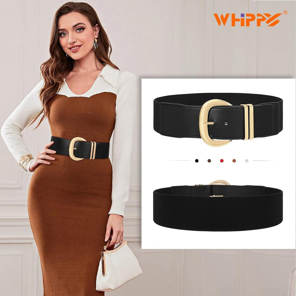 WHIPPY Women Wide Elastic Waist Belt for Dresses Fashion Gold Buckle Stretchy Leather Waistband for Ladies