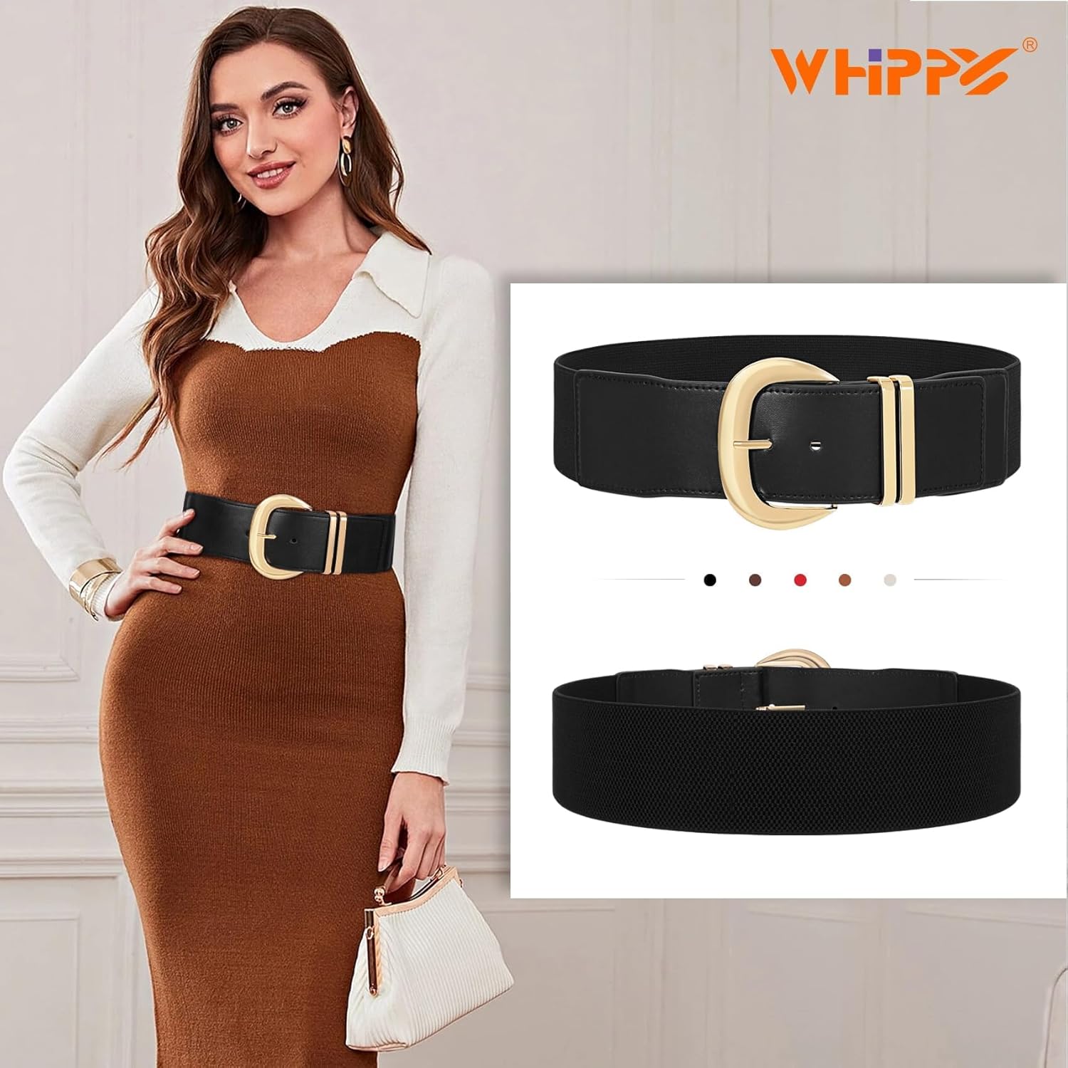 WHIPPY Women Wide Elastic Waist Belt for Dresses Fashion Gold Buckle Stretchy Leather Waistband for Ladies
