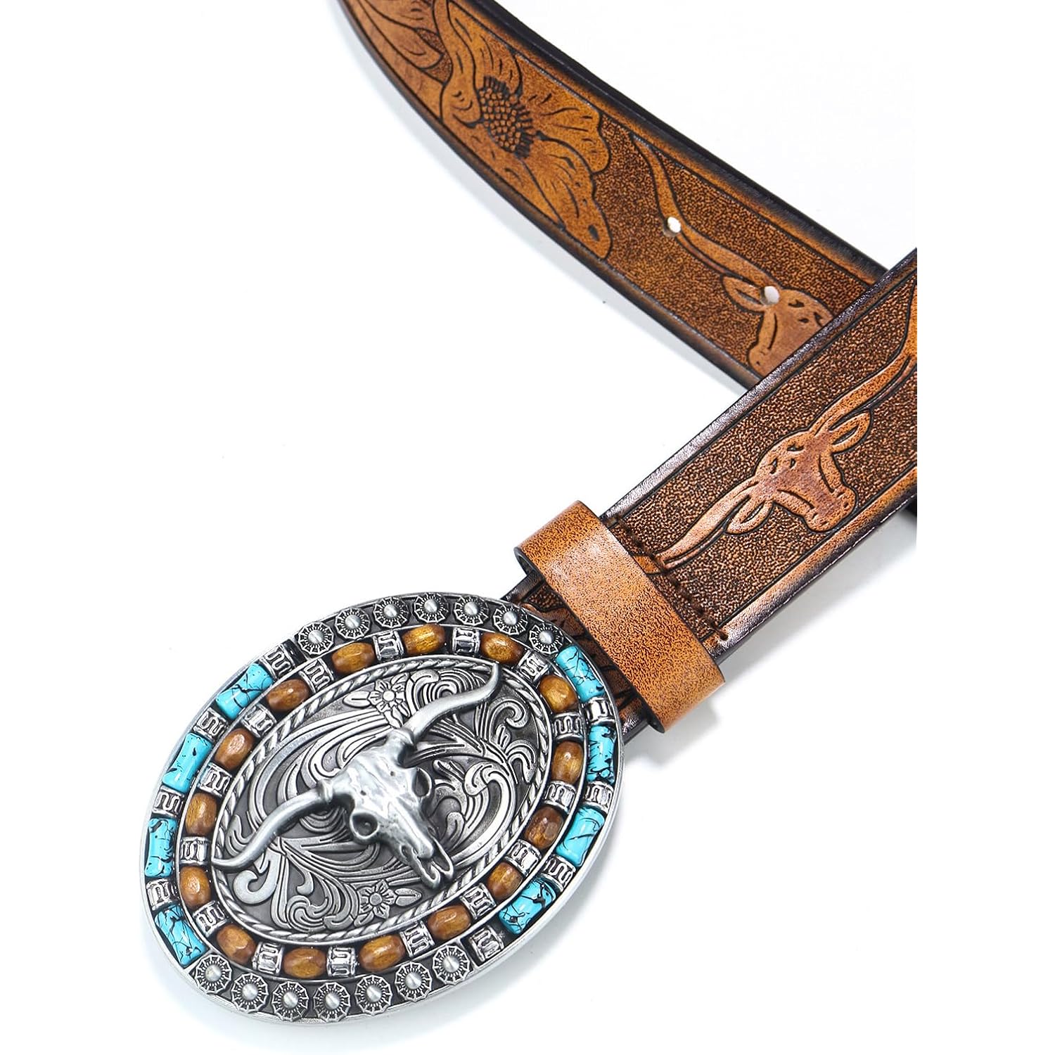 Western-Cowboy-Leather-Belts for Women Turquoise-Oval-Buckle Embossed Cowgirl Belt for Jeans Pants Fit for 27"-41"