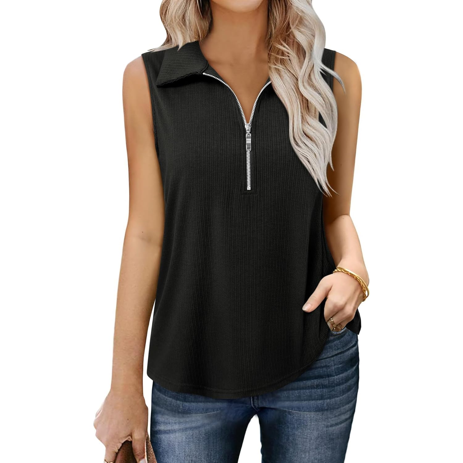 Vivilli Womens Ribbed Tank Top Zipper V Neck Dressy Casual Blouses Sleeveless Camisole Tops Work Tank Polo Shirts