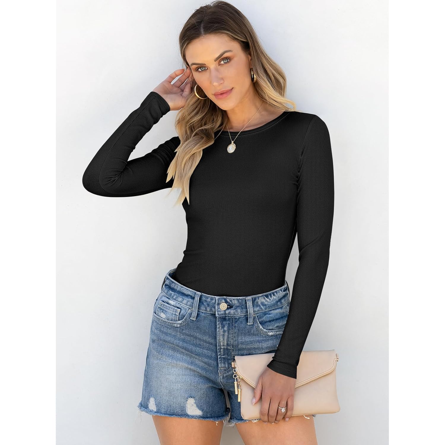 ANRABESS Women Long Sleeve Shirts Rib Knit Slim Fit Tops Basic Tee 2025 Fall Outfits Casual T-Shirt Underscrubs Layer Clothes