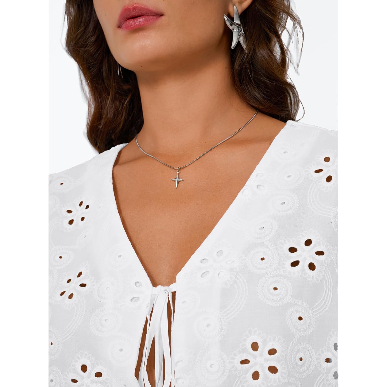 Trendy Queen Womens Tie Front Tops Summer Beach Vacation 2025 Fashion Outfits Loose Fit Blouses Eyelet Embroidered Clothes