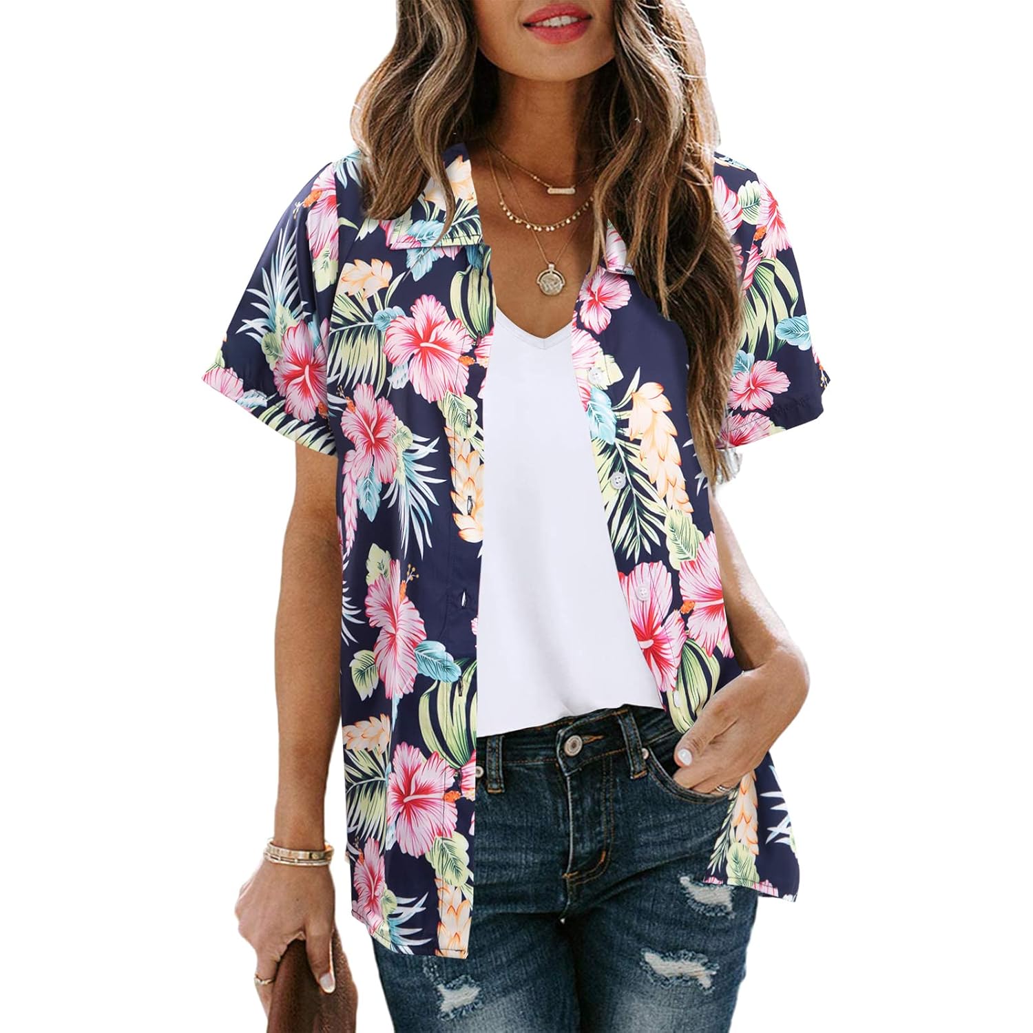 MYHALF Women Hawaiian Shirt Soft Cool Summer Hawaii Shirts Floral Tropic Print V Neck T-Shirt Short Sleeve Button Up Tops