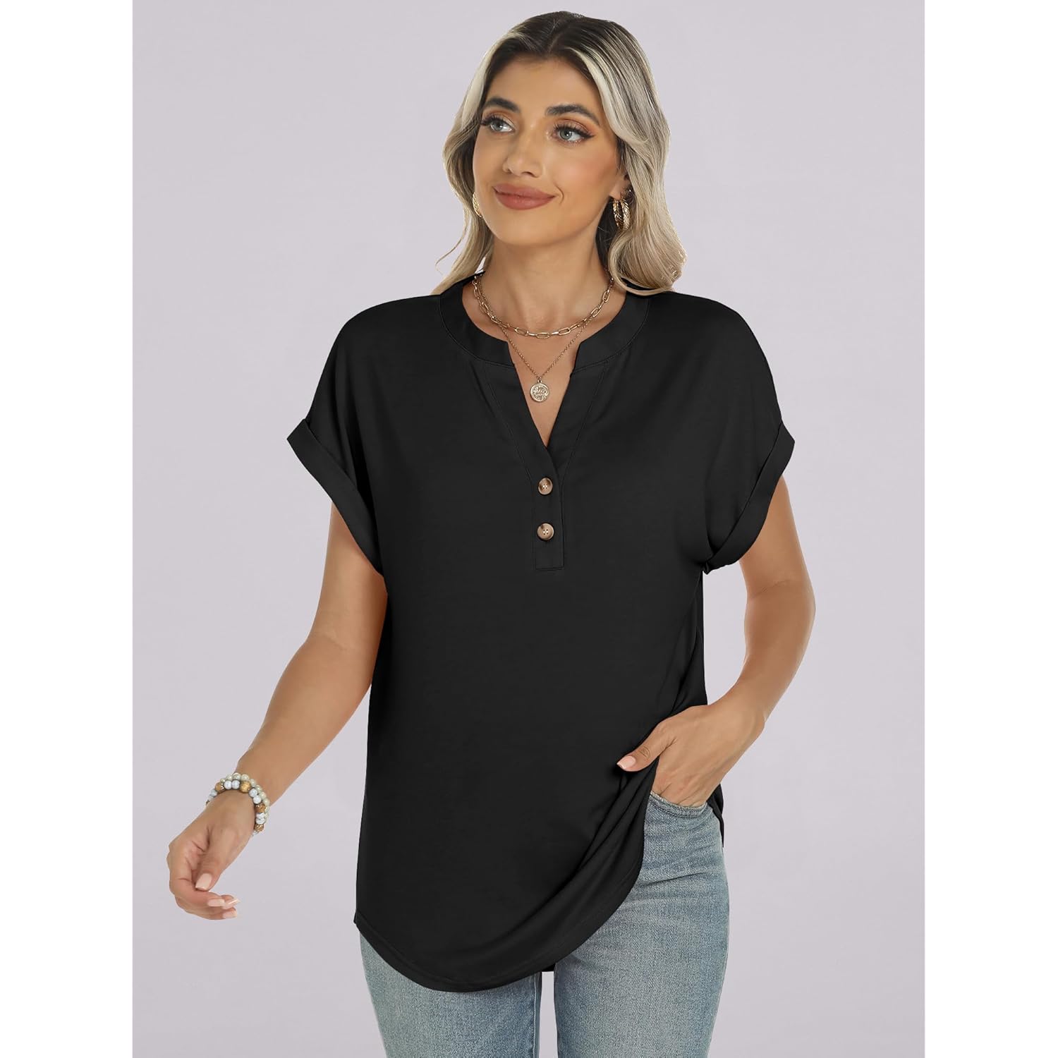 ANRABESS Womens Short Sleeve Henley Tops V Neck Dressy Casual Blouses Summer Trendy Tee Shirts 2025 Vacation Fashion Clothes
