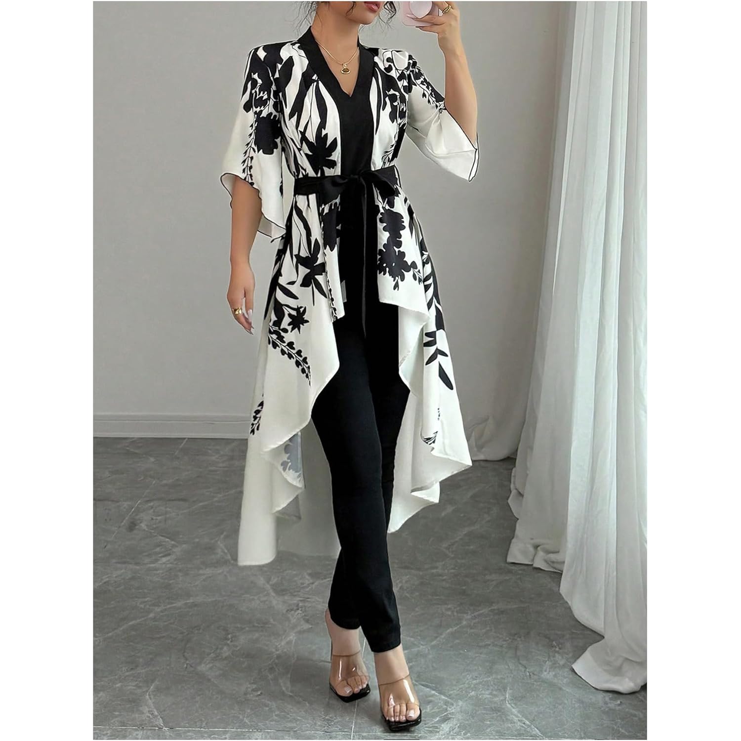 MakeMeChic Women's Floral Bell Sleeve Blouse V Neck High Low Tie Front Work Dressy Tops