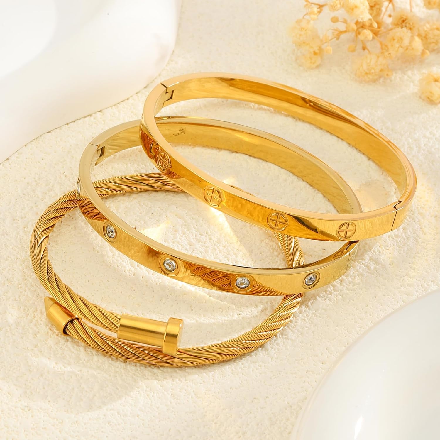 Gold Bracelets for Women - Stackable Bangles with Friendship & Love Theme - Stainless Steel Jewelry Gift for Her