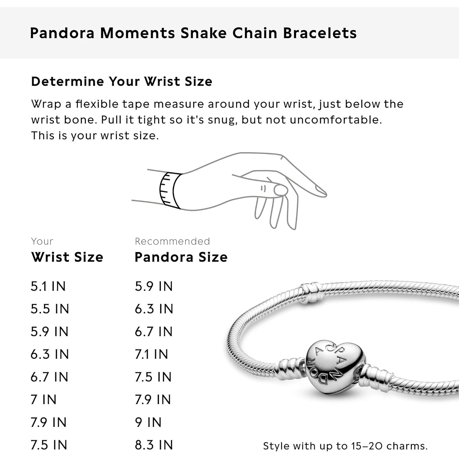 PANDORA Moments Heart Clasp Snake Chain Bracelet - Compatible Moments Charms - Gift for Her - Sterling Silver - With Gift Box