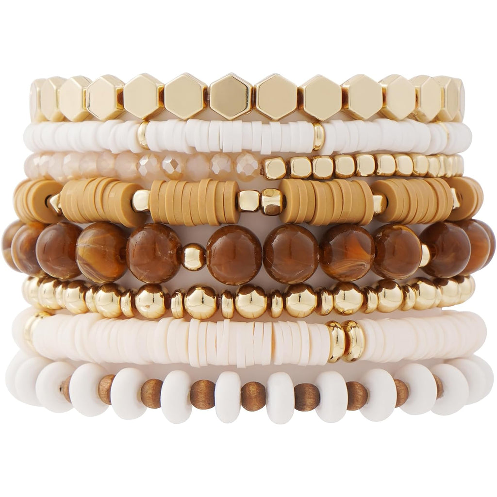GOOJIDS Surfer Heishi Clay Bead Bracelets for Women Bohemian Stackable Gold Beaded Stretch Bracelets Elastic Layering Friendship Bracelets Set Boho Jewelry