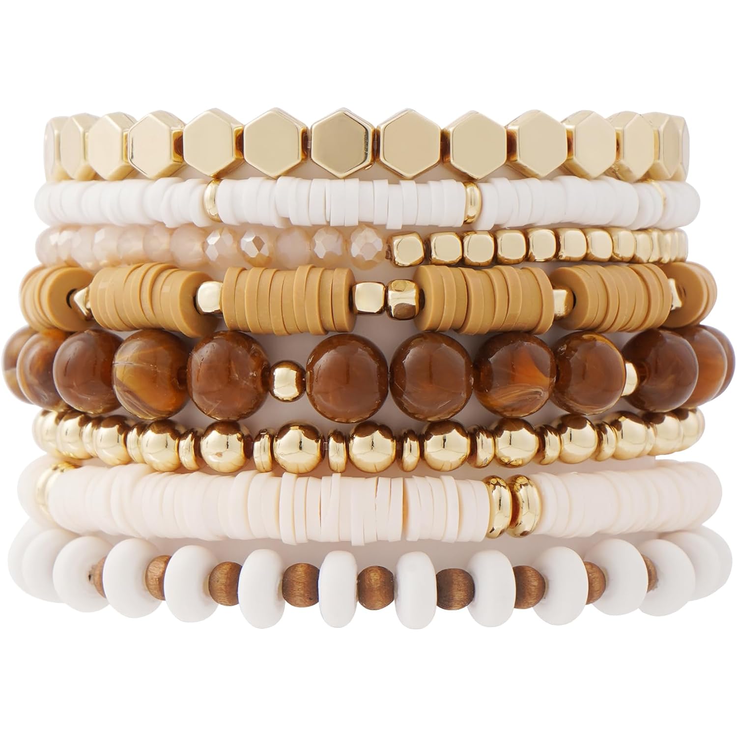GOOJIDS Surfer Heishi Clay Bead Bracelets for Women Bohemian Stackable Gold Beaded Stretch Bracelets Elastic Layering Friendship Bracelets Set Boho Jewelry