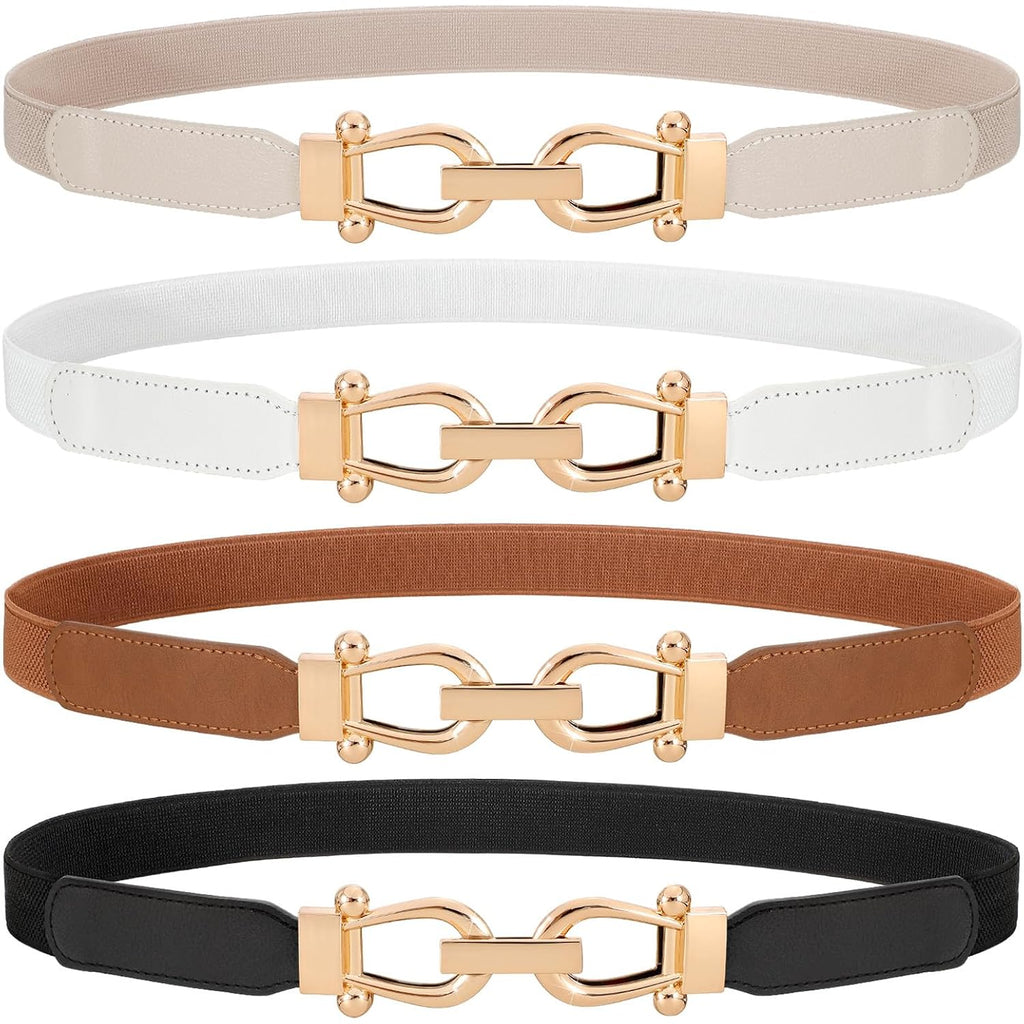 WERFORU 4 Pack Women Skinny Elastic Waist Belt Gold Buckle Stretchy Thin Belt for Jeans Dress