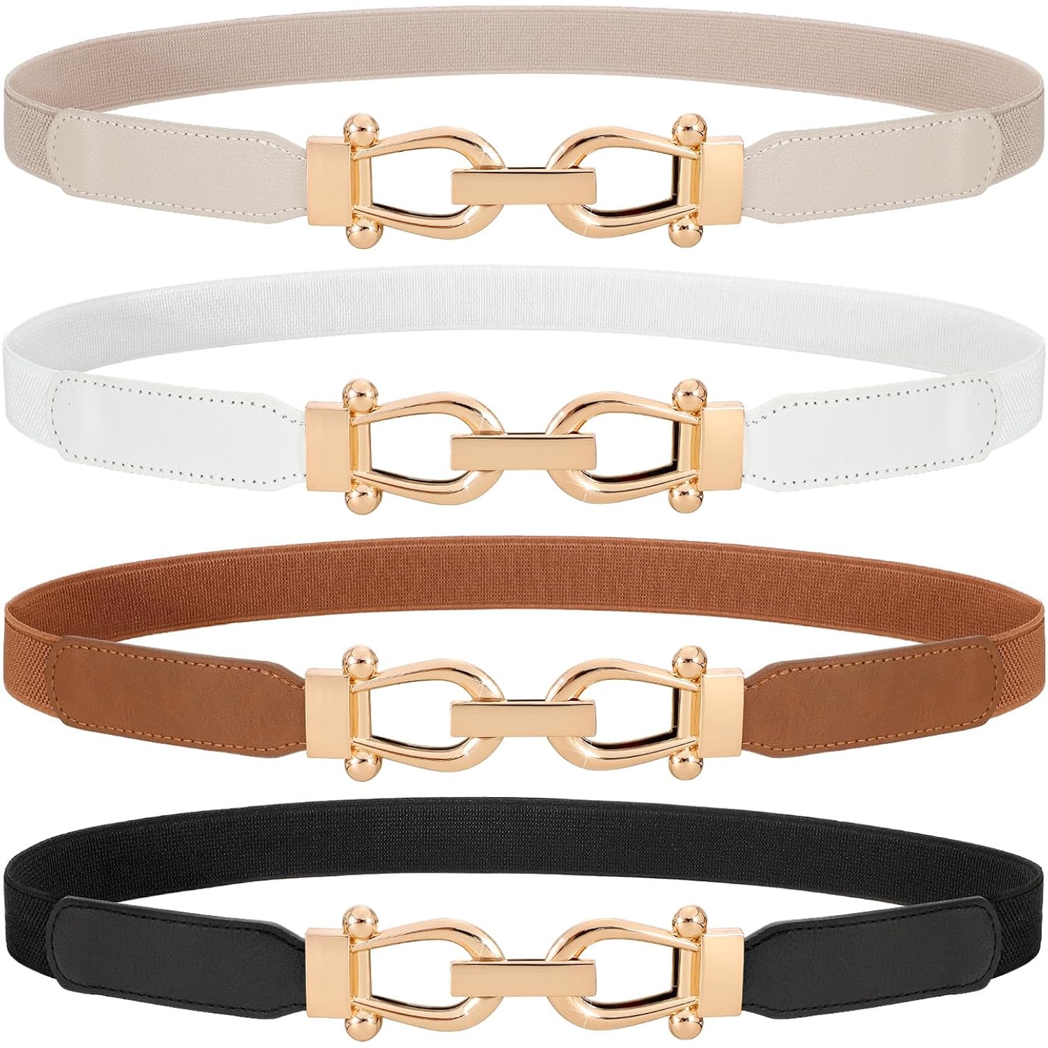 WERFORU 4 Pack Women Skinny Elastic Waist Belt Gold Buckle Stretchy Thin Belt for Jeans Dress