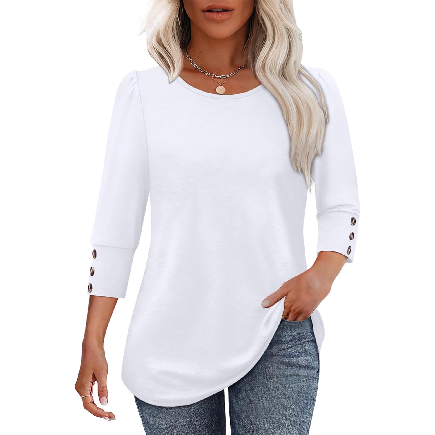 OFEEFAN Womens Tops 3/4 Sleeve with Buttons Dressy Casual Blouses Summer Outfits Beach Vacation Plus Size Spring Clothes