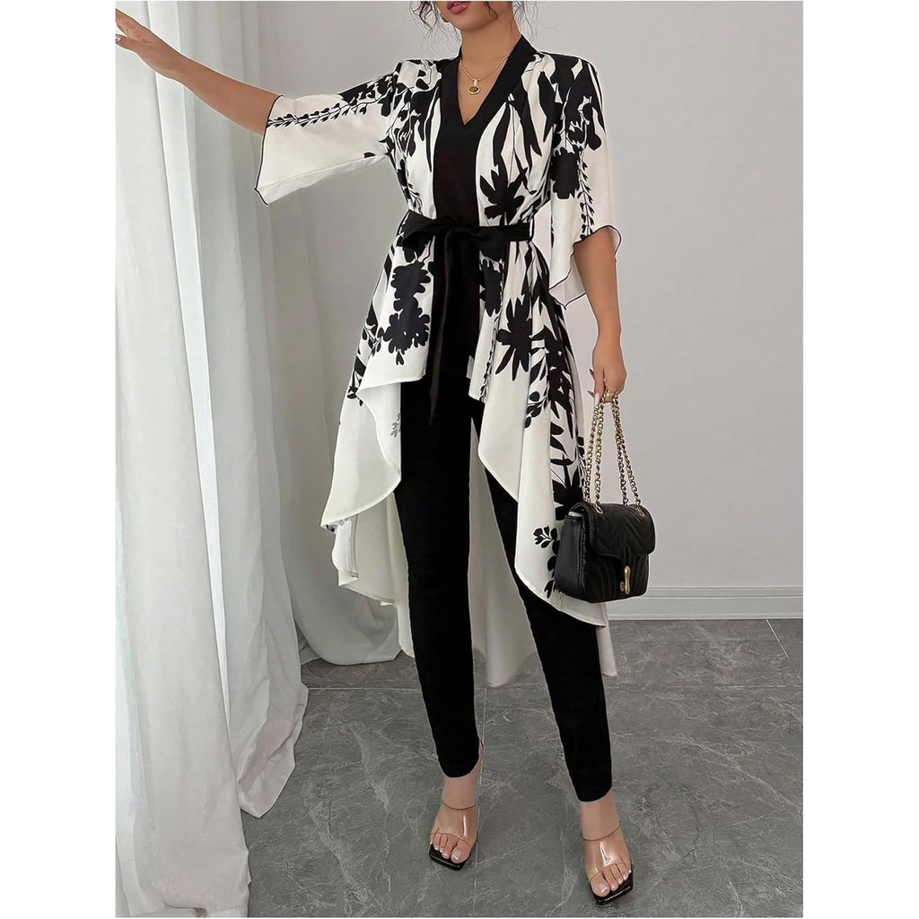 MakeMeChic Women's Floral Bell Sleeve Blouse V Neck High Low Tie Front Work Dressy Tops
