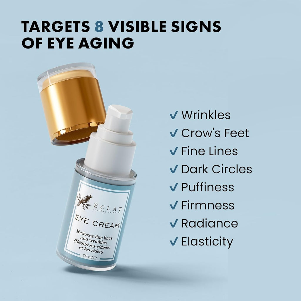 Eclat Skincare Under Eye Cream for Dark Circles & Puffiness – Anti Aging Formula for Wrinkles - Moisturizer for Fine Lines, Crows Feet & Eye Bags – Hydrating Treatment for Firming & Smoothing 30ml