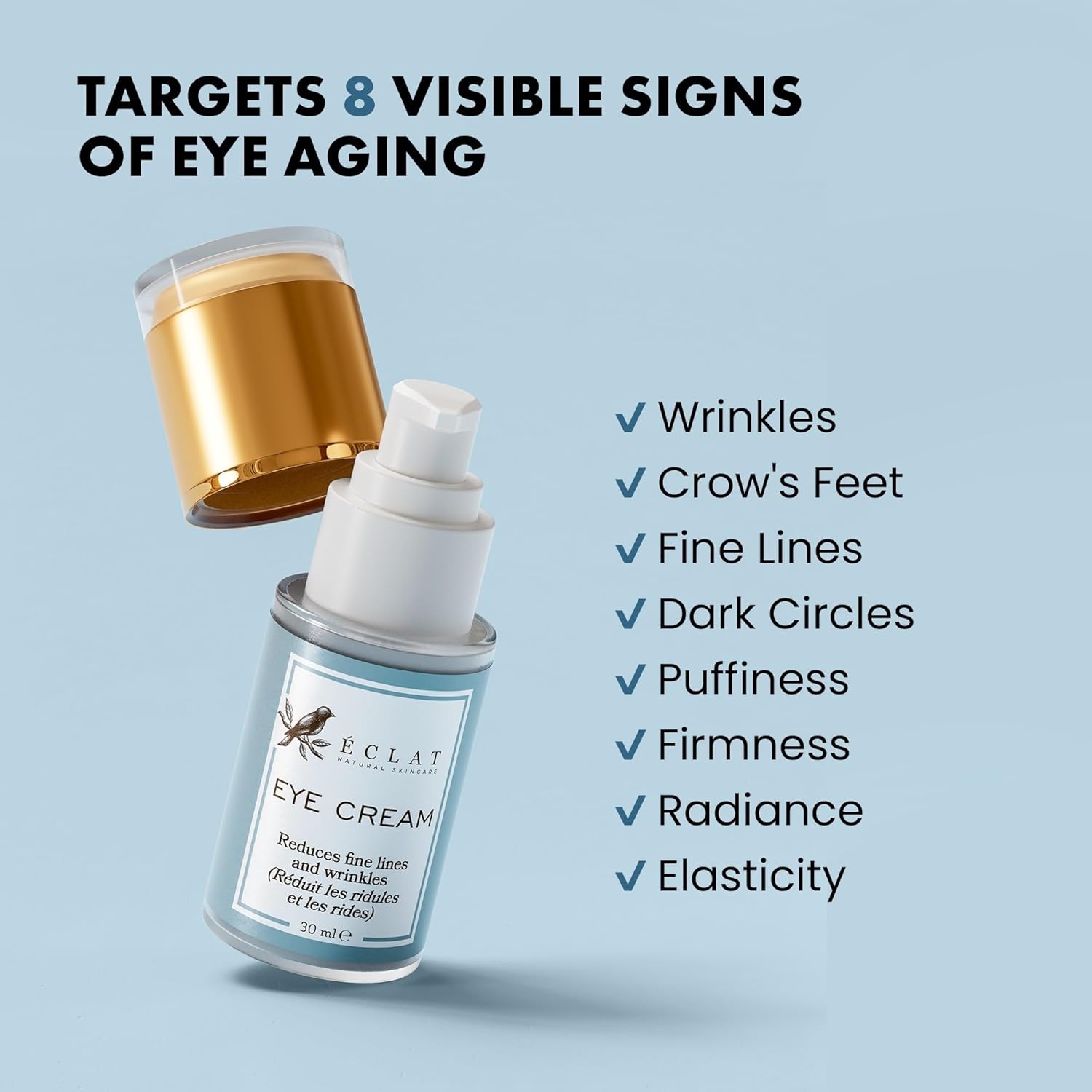 Eclat Skincare Under Eye Cream for Dark Circles & Puffiness – Anti Aging Formula for Wrinkles - Moisturizer for Fine Lines, Crows Feet & Eye Bags – Hydrating Treatment for Firming & Smoothing 30ml
