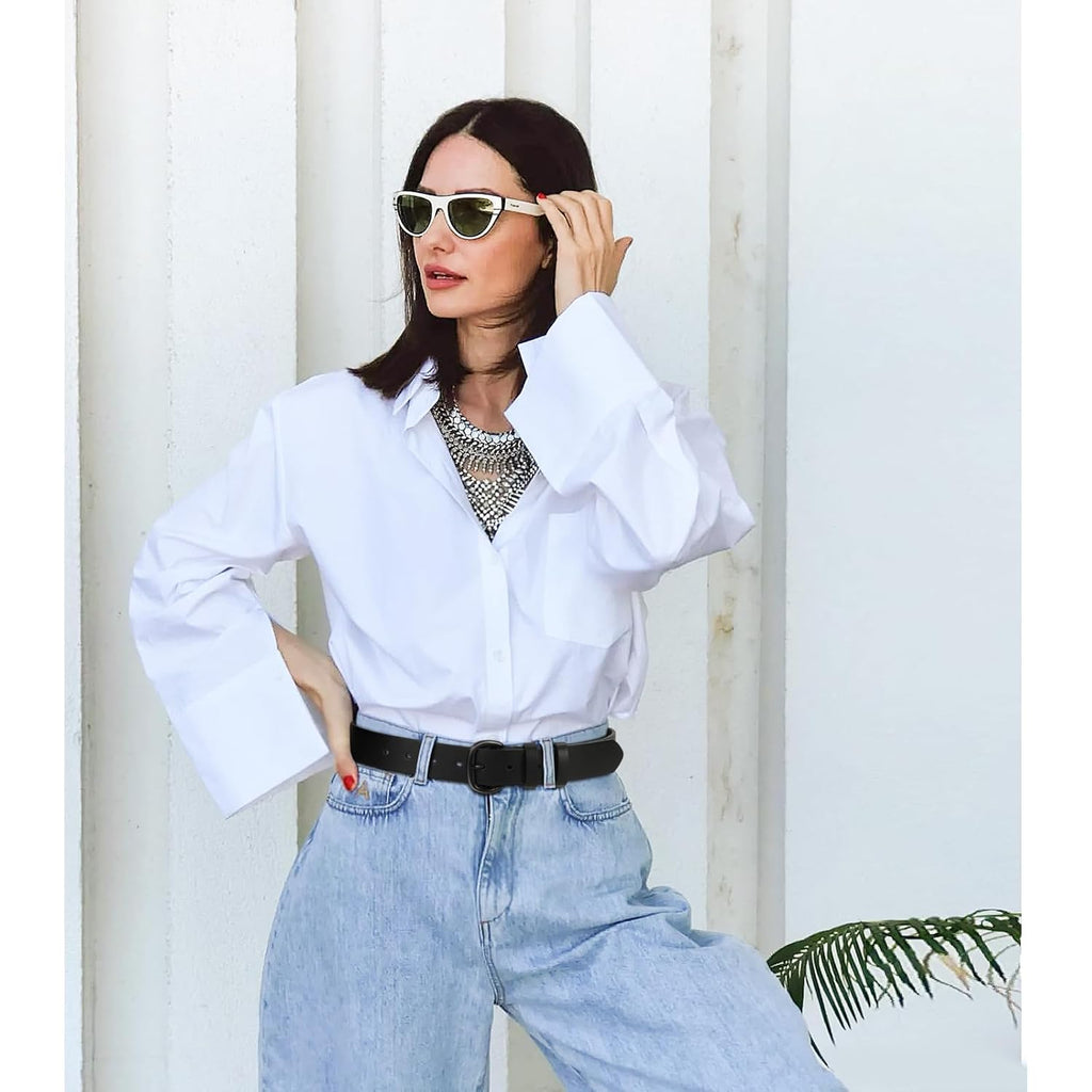 SANSTHS Women Leather Belt for Jeans Pants Dresses Black Ladies Waist Belt with Black Buckle