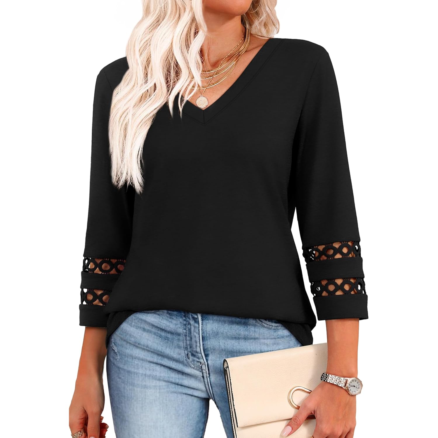 XIEERDUO 3/4 Length Sleeve Womens Tops Dressy Casual Blouses for Women 2025 Trendy V Neck T Shirts Summer Clothes