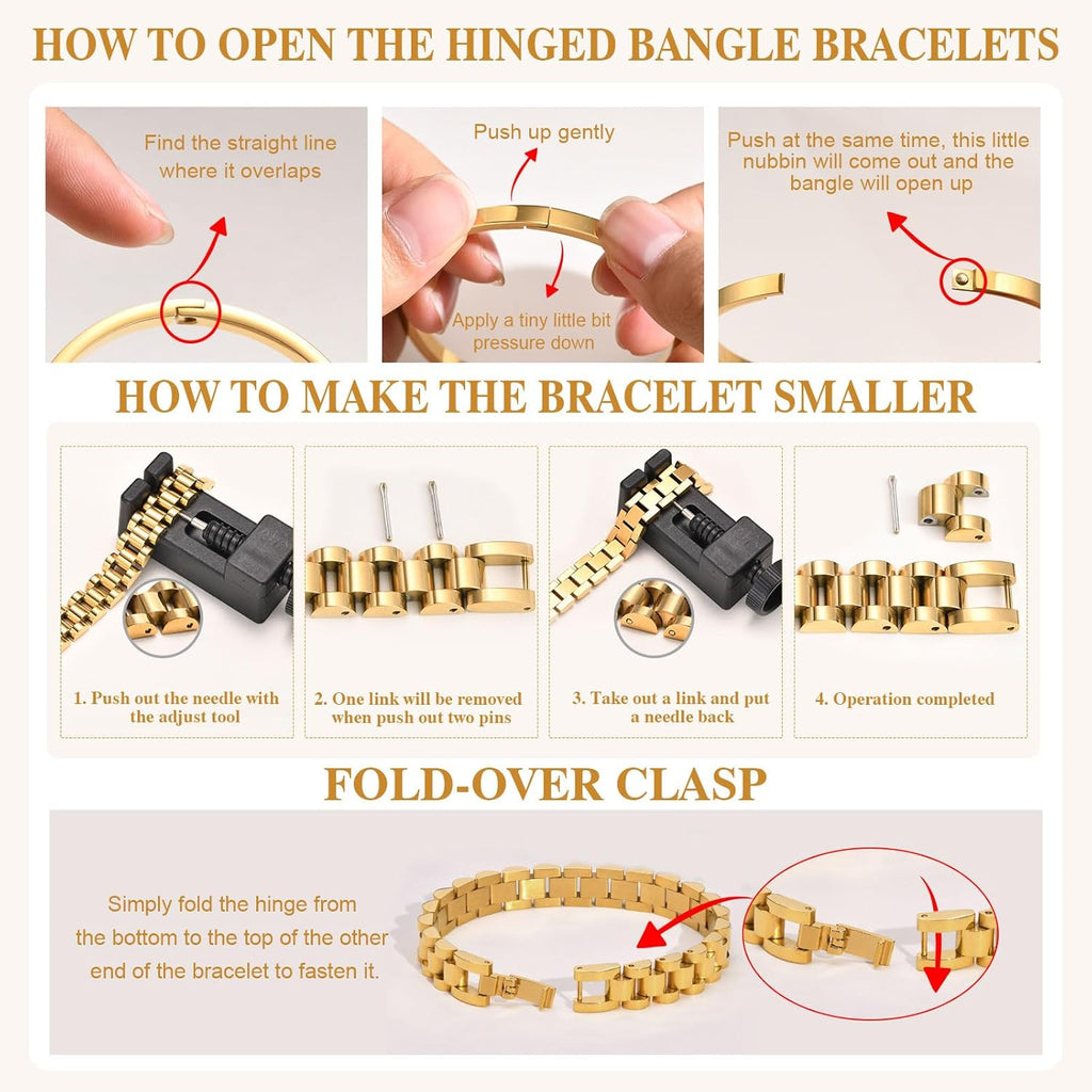 MPRAINBOW 2pcs Gold Chain Link Bracelet, Stainless Steel Crystal Friendship Bracelets Bangle,Watch Band Chains Wristband Jewelry with Adjust Tool