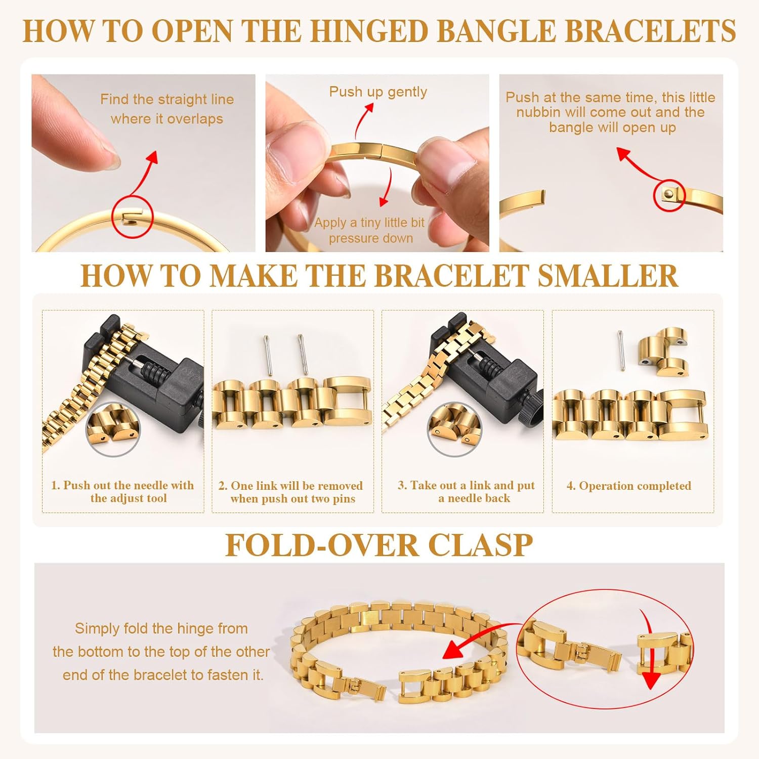 MPRAINBOW 2pcs Gold Chain Link Bracelet, Stainless Steel Crystal Friendship Bracelets Bangle,Watch Band Chains Wristband Jewelry with Adjust Tool