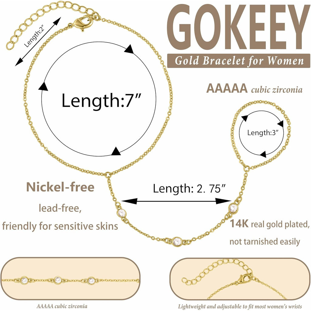 Gold Hand Chain Bracelet for Women Trendy, Dainty 14k Gold Ring Bracelet Hand Chain Finger Ring Slave Cuff Bracelet Cubic Zircon Hand Jewelry for Women Accessories