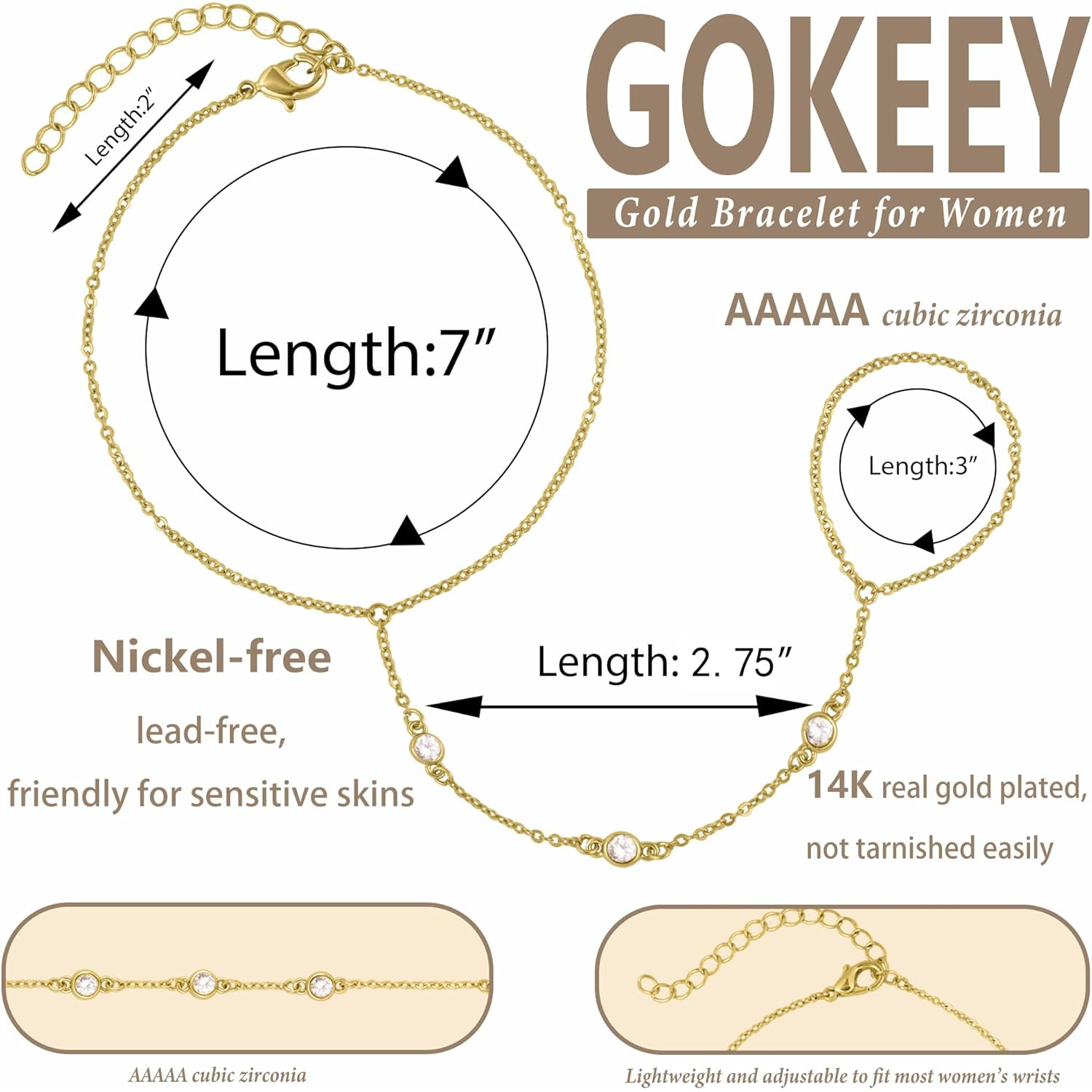 Gold Hand Chain Bracelet for Women Trendy, Dainty 14k Gold Ring Bracelet Hand Chain Finger Ring Slave Cuff Bracelet Cubic Zircon Hand Jewelry for Women Accessories