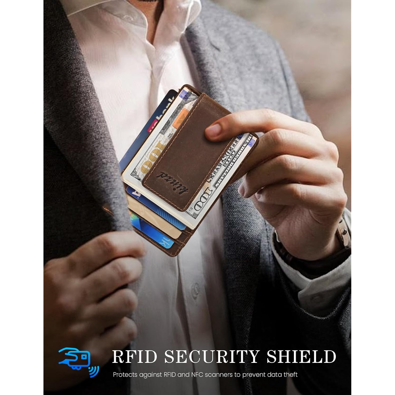 kinzd Money Clip, Front Pocket Wallet, Leather RFID Blocking Strong Magnet thin Wallet